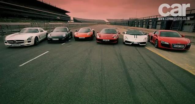 McLaren MP4 12C vs SLS 911 GT2 458 Italia LP570 Performante and R8 V10