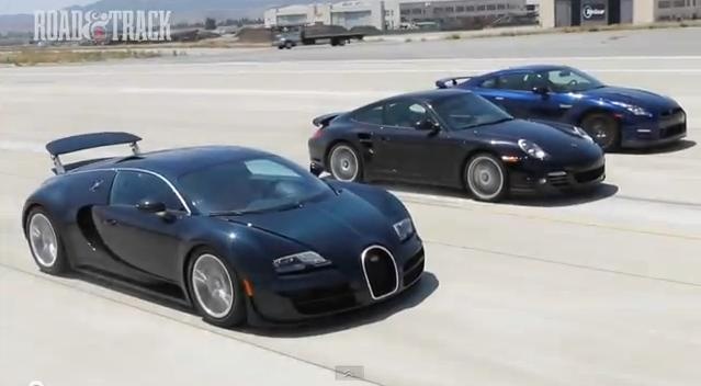 Bugatti Veyron vs Nissan GTR vs Porsche 911 Turbo S Video