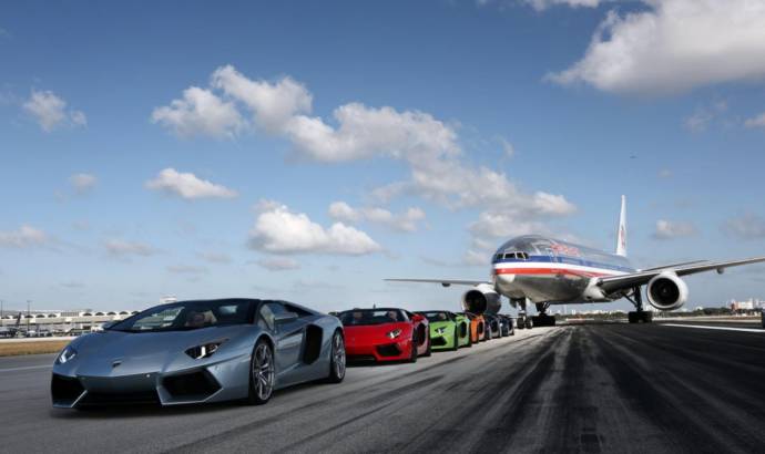 Lamborghini Aventador Roadsters parade on Miami Airport runway
