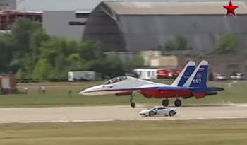 Lamborghini Huracan battles a Sukhoi jet fighter