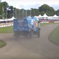 A Dakar Red Bull Kamaz truck going sideways at Goodwood
