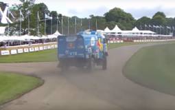 A Dakar Red Bull Kamaz truck going sideways at Goodwood