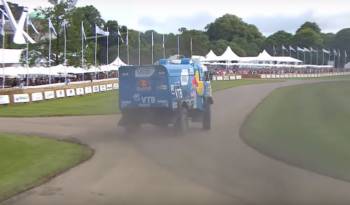 A Dakar Red Bull Kamaz truck going sideways at Goodwood