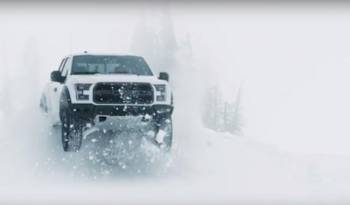 Ken Block drives the 2017 Ford F-150 raptor in the snow