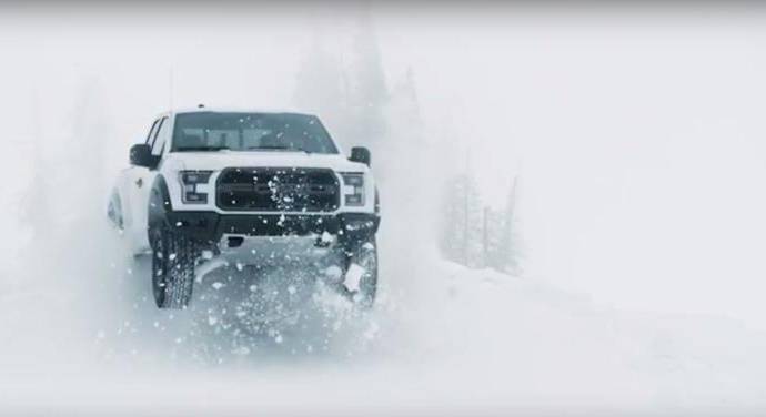 Ken Block drives the 2017 Ford F-150 raptor in the snow