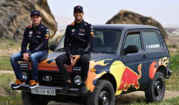 Daniel Ricciardo and Max Verstappen trade the F1 cars for a Lada Niva